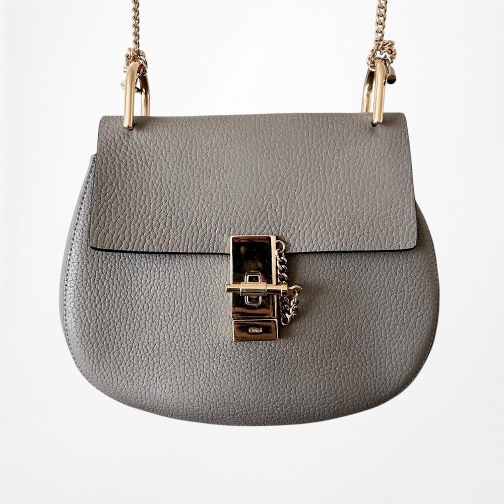 Chloe Drew Gray Gold Hardware Saddle Round Medium Size Leather Crossbody Bag